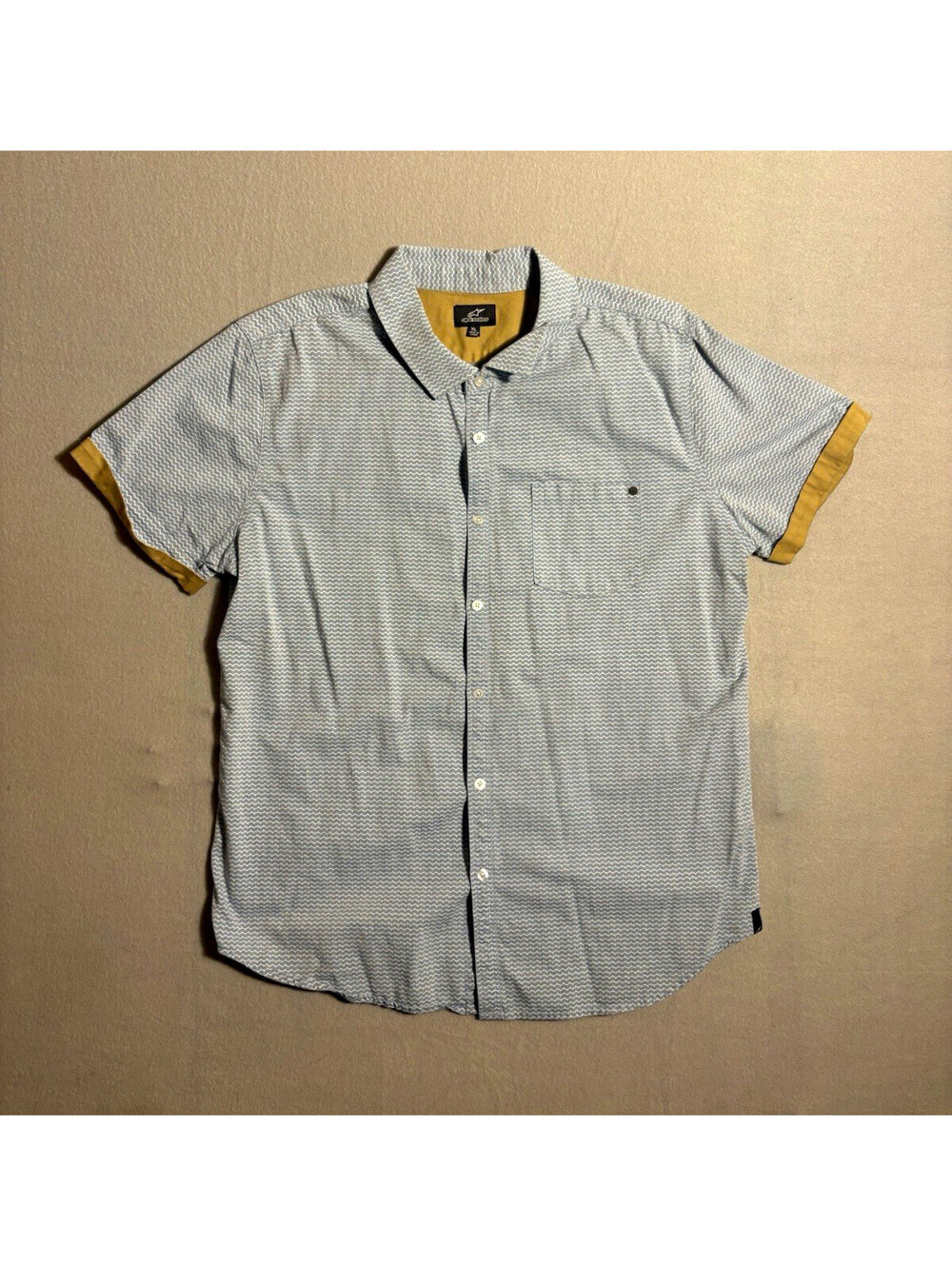 Alpinestars XL Blue/White/Beige Chevron Short Sleeve Button-Up Shirt Pockets